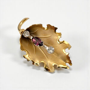 Vintage Vermeil Sterling Silver Bond Boyd Sapphire Purple Rhinestone Leaf Brooch